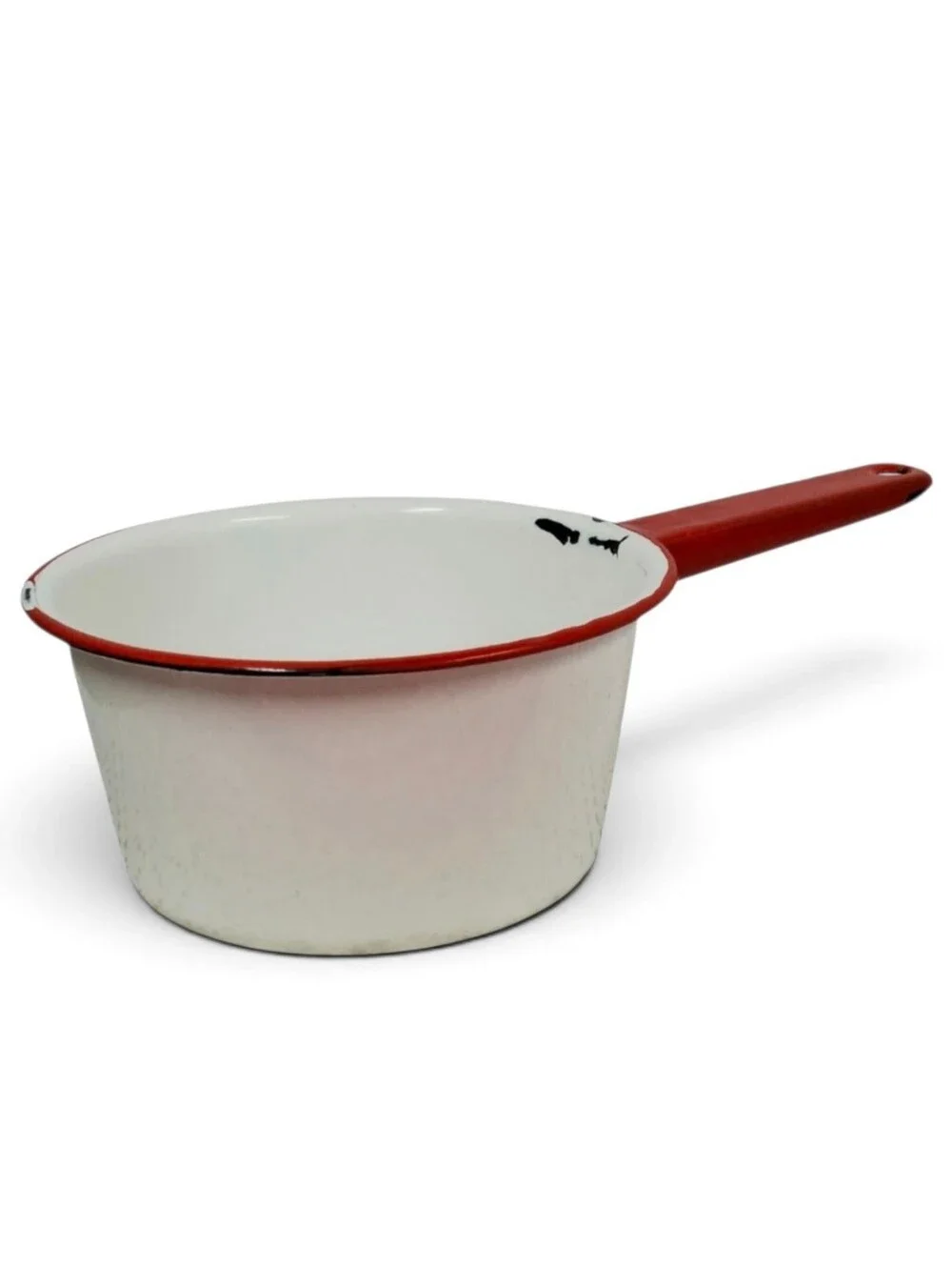 Vintage Red White Enamelware Saucepan Cookware Farmhouse Kitchen Collectible